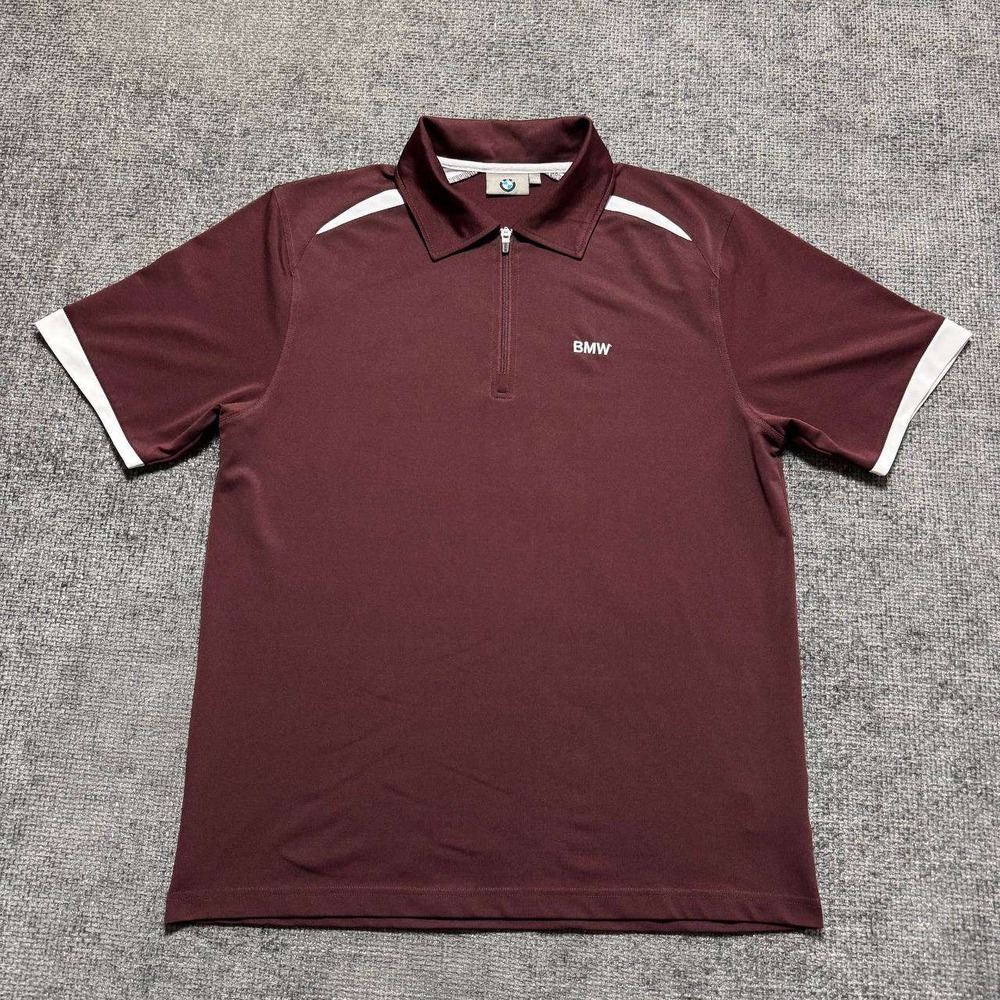 BMW Quarter Zip Polo Shirt Mens‎ Medium Maroon White Racing Performance Pique